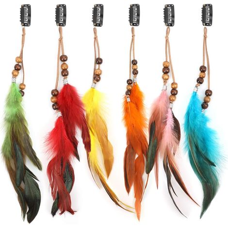 6 Pièces Pinces à Cheveux Plumes, Boho Pinces Cheveux Plumes, Extensions de Cheveux Indien, Boho Hippie Plume Festival Chapeaux Cosplay Accessoires Coiffure, Plume Accessoires Cheveu (1/5)