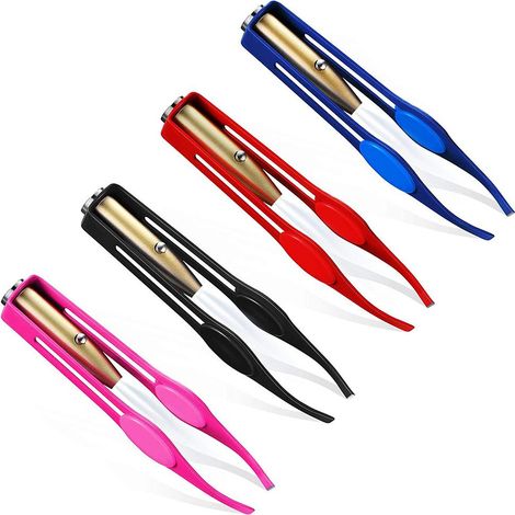 Pince à épiler LED 4 pièces en acier inoxydable avec éclairage intégré pour épilation des cils et sourcils, pince lumineuse (1/5)