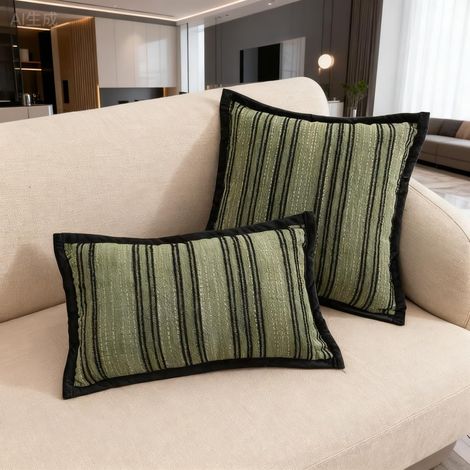 JSSEVN - Set of 2 Chenille Cushion Covers 30x50 cm, Boho Green Sofa Cushion Cover with Black Stripes, Modern Cozy Luxury Pillowcase (1/5)