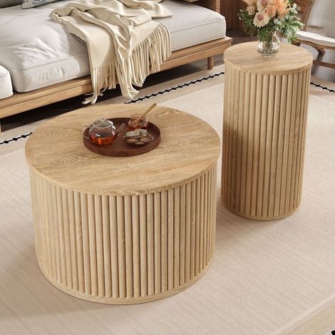 Table basse double ronde 60 x 60 x 38,5 + 30 x 30 x 56 cm, salon, MDF naturel, motif rayé 3D (1/5)