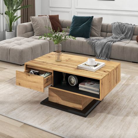 Couchtisch, Wohnzimmer-Tisch, mit Schubladen und offenem Stauraum, große Kapazität, ideal für Büro oder Wohnzimmer, Eiche + Schwarz (1/5)