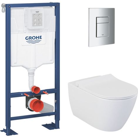 Grohe Pack WC Bâti Autoportant Solido + Cuvette Bello + Abattant soft close + Plaque Chrome (AUTOPORTANT-BELLO-1) (1/5)