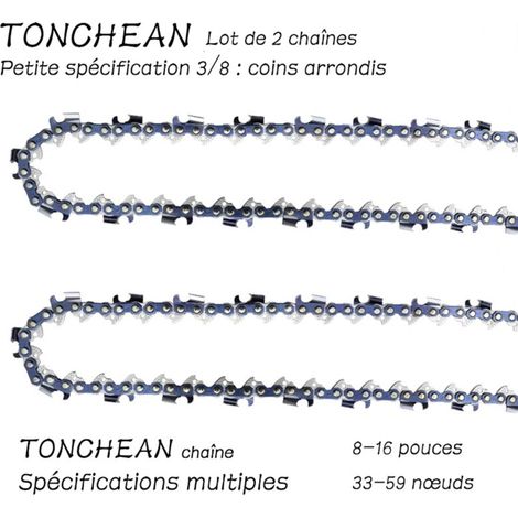 TONCHEAN Guide et chaîne pour tronçonneuse,Lot de 2 chaînes de tronçonneuse Faible Rebond 3/8"LP 52 maillons pour tronçonneuse (14pouces)Lame à 26 sections——Coins arrondis