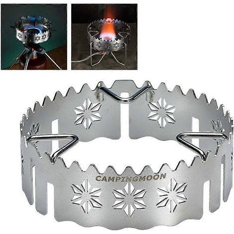 Support de poêle à gaz de camping avec pare-brise, étagère et motif flocon de neige en acier inoxydable de haute qualité. (1/5)