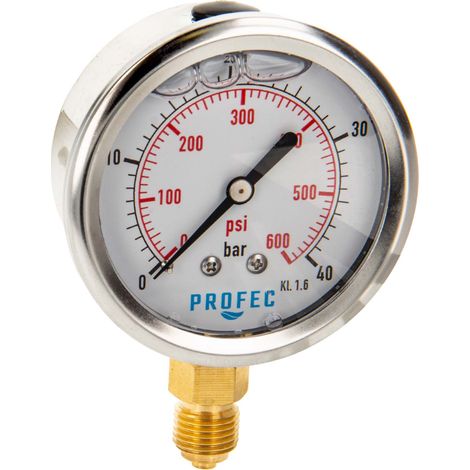 Profec Manometer 0 - 40 bar, Glyzeringefüllt, Ø 63 mm, 1/4 Zoll Anschluss nach unten Radial, Überdruck-Manometer