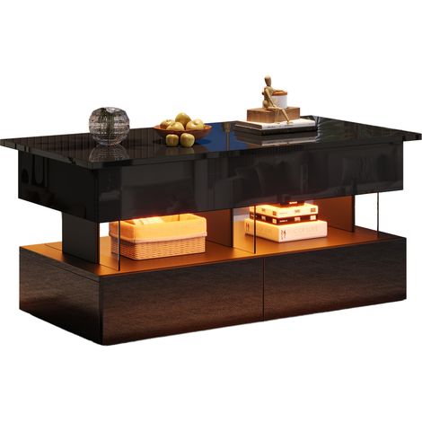 CHICFURN Mesa de centro elevable con 2 cajones, almacenamiento oculto, LED Bluetooth, acabado brillo, 100 x 50 x 46 cm, negro, MDF y acrílico (1/5)