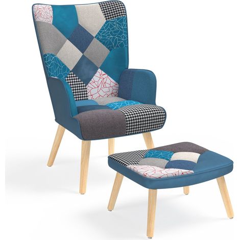 Idmarket – Fauteuil crapaud en tissu patchwork et velours bleu – Repose-pieds inclus – Design scandinave élégant – Dimensions 58x67x94,5 cm