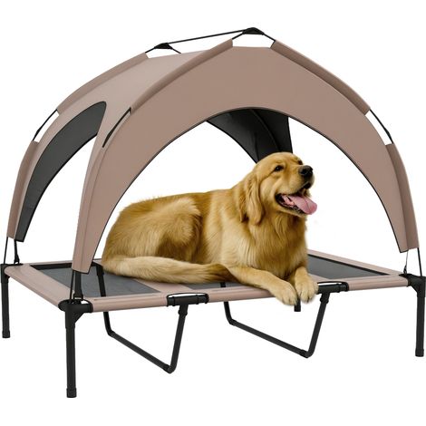 Lit surélevé pour chien et chat avec baldaquin anti-UV, en toile Oxford café, 106x76x94 cm, inclut sac de transport