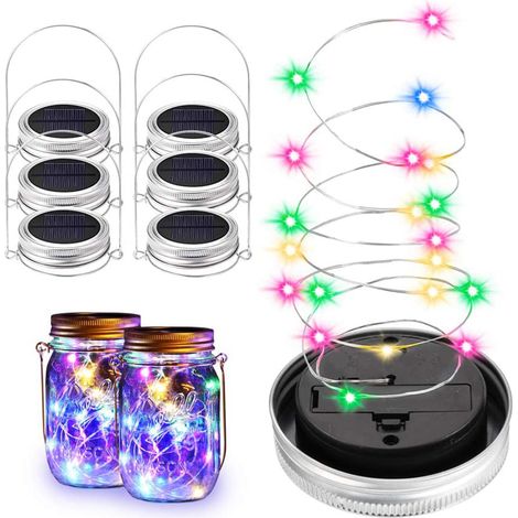 Guirlande lumineuse solaire à LED (20 LED) pour couvercles de bocaux en verre, comprenant 6 couvercles et 6 supports de suspension pour décoration extérieure (bocaux non inclus).