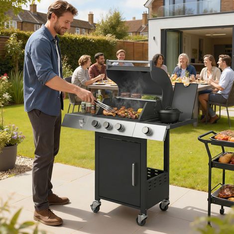 Grill gaz 10,5KW 3+1 brûleurs acier inoxydable brûleur latéral thermomètre grille fonte ouvre-bouteille