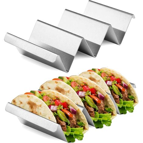 2 supports pour tortillas ondulés avec poignée, compatibles lave-vaisselle et four, en acier inoxydable. Convient pour tortillas, sandwichs, hot-dogs et crêpes. (1/5)