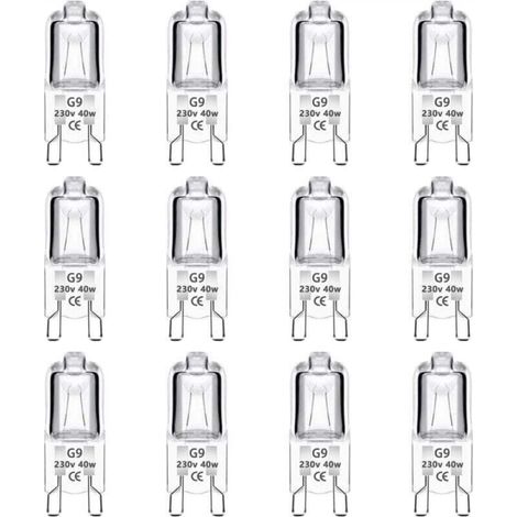 Pack of 12 G9 40W 230V Dimmable Halogen Bulbs, 0-100%, 480LM, Warm White 2700K, G9 Bi-Pin Base Halogen Lamp, Flicker-Free, for Ovens, Chandeliers, Landscape Lamps, Cabinet Lighting (1/5)
