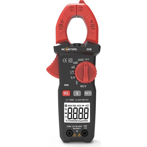 Digitales AC/DC-Zangenmultimeter 600A: Strommessung, Temperaturmessung, Kapazitätsmessung, Spannungsmessung, Widerstandsmessung