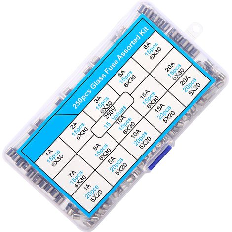250 fusibles en verre 6x30/5x20mm, kit varié 1-20A 250V, résistance thermique et ignifuge, lot de 250 pièces (1/5)