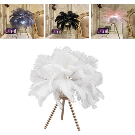 Lampe de table en plumes d'autruche, lampe trépied dorée, lampe de chevet moderne en plumes, décoration intérieure, salon, décoration de mariage, blanche (1/5)