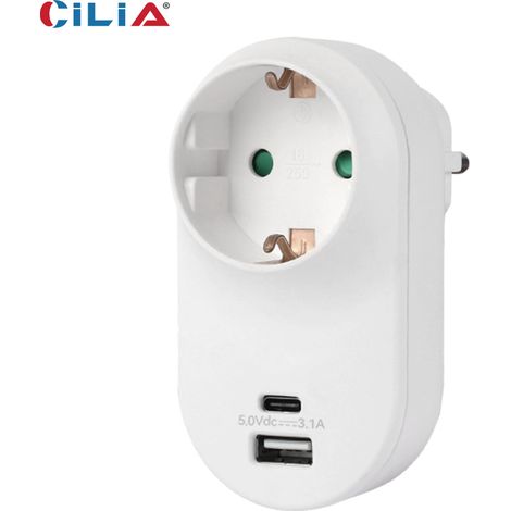 Adaptateur mural CILIA avec 1 prise Schuko 16 A, 1 port USB-C 5 V/3 A et 1 port USB-A 5 V/2,4 A. Multiprise compacte à 3 ports, idéale pour la maison, le bureau et les voyages. Chargeur universel pour (1/4)