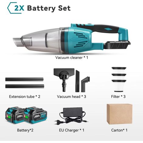 Aspirateur portable 4 en 1 – 1500 W – 12 KPA – Sans cordon – Pour Makita – Lot de 2 batteries – 3 pièces filtre