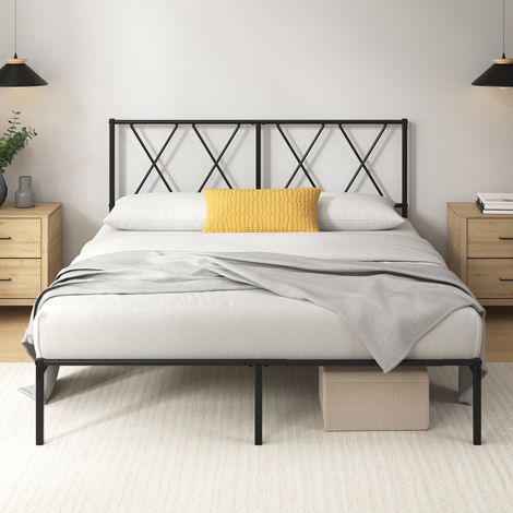Sommier 140x190 cm avec Lattes en Métal - Cadre & Tête de Lit 2 Personnes en- Hauteur 30 cm pour Rangement - Montage Facile - Noir (1/5)