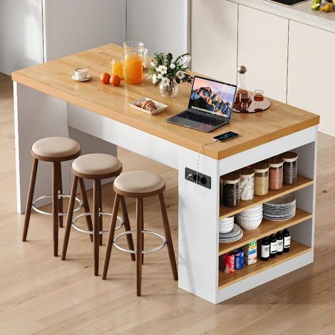 Îlot de cuisine avec grand plan de travail 155x80 cm, éclairage LED et prises USB intégrées (1/5)
