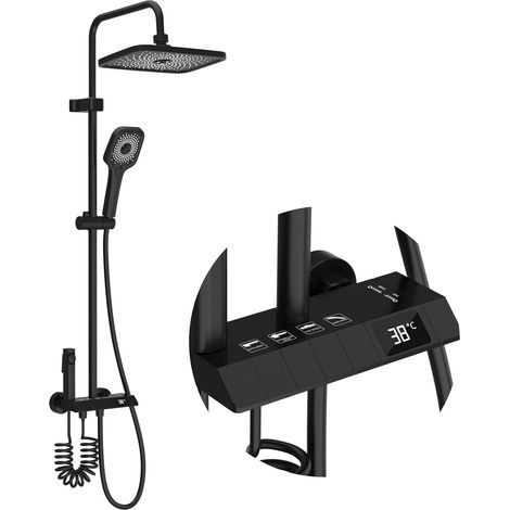 Colonne de Douche Noir, Ensemble avec Pomme de Douche Plafond 30x20 cm, Panneau de Commande Intelligent, 3 Modes de Douche, Hauteur Réglable, Pistolet Haute Pression pour Salle de Bain (1/5)