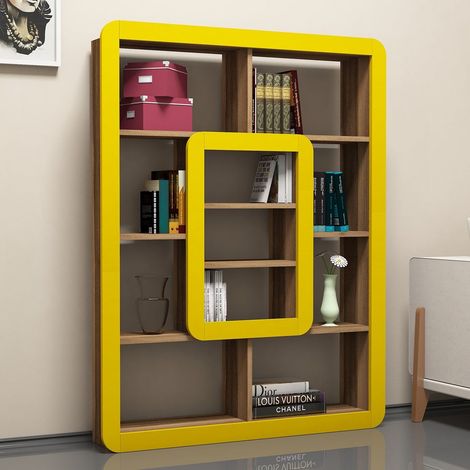 Cotecosy – Bibliothèque en bois Orkide 10 étagères – Dimensions 108 x 21 x 140 cm – Couleur noyer, jaune – Design durable et élégant (1/4)