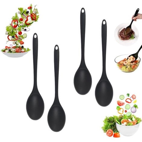 6 cucharas de silicona para cocinar, Cuchara de mango largo, Cuchara anti, Cuchara negra antiadherente para remover, Mango de 27 cm de largo (1/5)