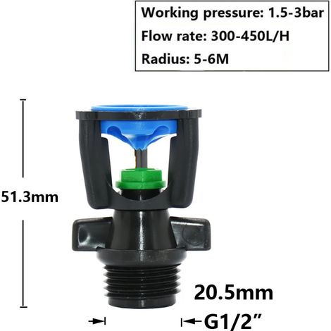 (A)Micro arroseur de jardin avec filetage 1/2 pouce, support en plastique, rotation à 360 degrés, buse d'arrosage et d'irrigation pour jardins, pelouses et exploitations agricoles (1/5)