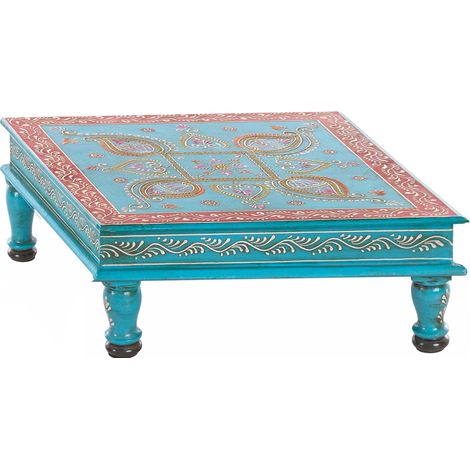Table d'appoint en bois de manguier turquoise – Table basse fixe – Dimensions 60x60cm – Style contemporain – Idéale pour salons modernes (1/3)