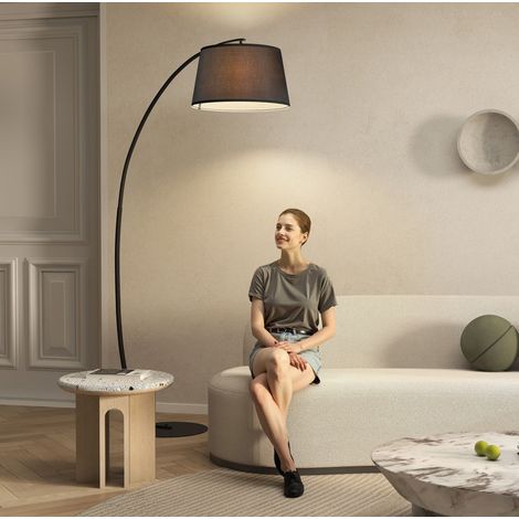 Lámpara de pie arco de metal negra con pantalla de lino, 190 cm