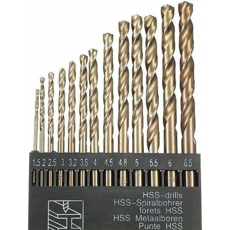 Pour une perceuse 13pcs M35 Hss Cobalt Gold Hss Jeu de forets hélicoïdaux pour perceuses métriques à grande vitesse 1,5 mm - 6,5 mm pour le perçage de l'acier inoxydable et du métal