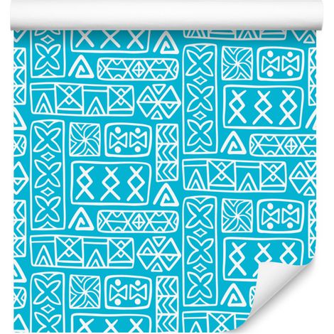 Carta da parati con motivo geometrico polinesiano turchese e celadon 50x1000 cm (1/5)