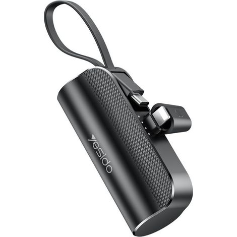 Batería externa Yesido Ultra Mini de 5000 mAh con cable USB-C/conector Lightning - Negra