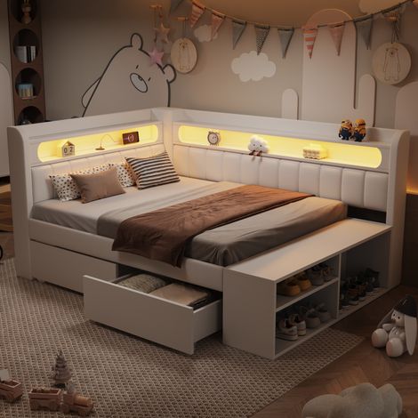 Sofá cama tapizado en MDF y madera contrachapada blanca, 90x200 cm, con USB, LED, 2 cajones y espacio para guardar zapatos. (1/5)