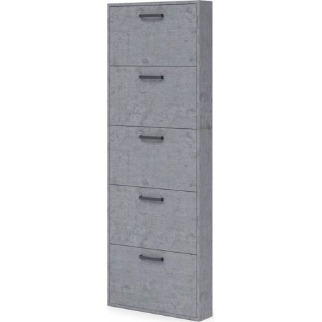 Schmaler Schuhschrank mit 5 Klappen Melaminholz in Zementgrau H.180x65x15 cm