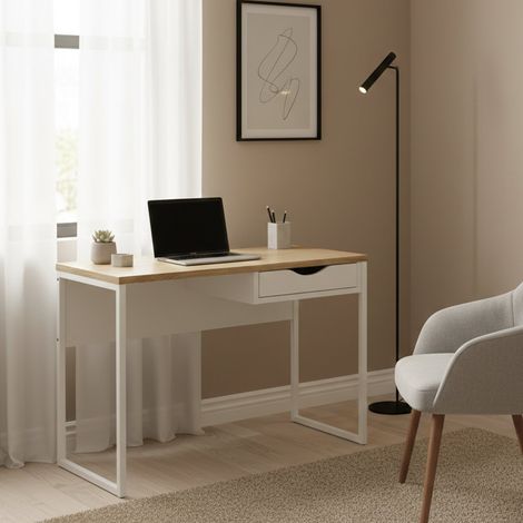 Dmora - Escritorio Agave, Escritorio multiusos, Mesa de oficina para PC, El plan de trabajo, 110x48 h77 cm, Blanco (1/5)