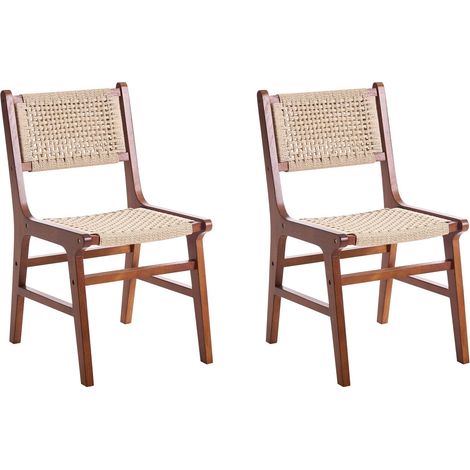 Set of 2 Dining Chairs Brown and Beige Beige Rubber Wood Frame Paper Cord Seat and Backrest Dining Room Boho OZELLA
