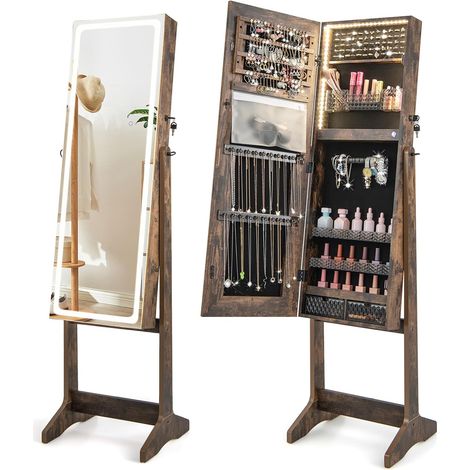 GOPLUS Armoire à Bijoux avec Miroir, Armoire de Rangement sur Pied pour Boucles d'Oreilles, Bague, Collier, Organisateur de Bijoux Verrouillable avec Lumières, 3 Angles d'Inclinaison (Marron) (1/5)
