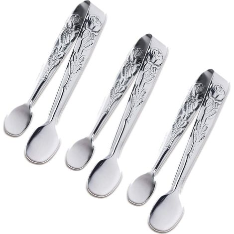 Lot de 3 mini pinces de service, pinces à sucre en acier inoxydable rose de 10 cm, petits bâtonnets à glaçons argentés pour thé, café et apéritifs (argent) (1/4)