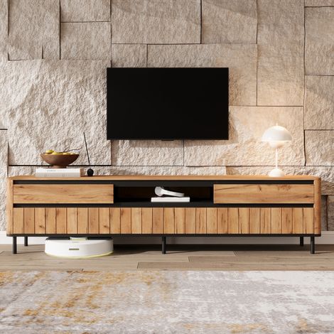 Meuble TV bas 180x40x52 cm, 2 tiroirs, 2 portes abattantes, 6 pieds métalliques, charge max. 30 kg, pour TV jusqu’à 75 pouces, MDF et panneaux de particules, noir et effet bois naturel (1/5)