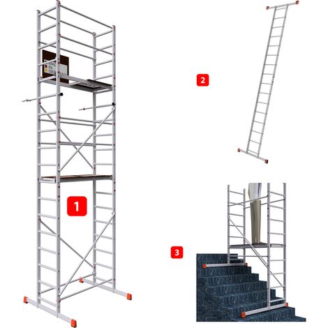 AluCombine 3.0 - 600, Arbeitshöhe 6m, Leiterngerüst mit Traverse & Wandanker