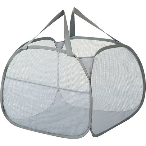 Panier à linge pliable 90L Gris Maille respirante avec poches latérales et anses robustes pour salle de bain (1/4)