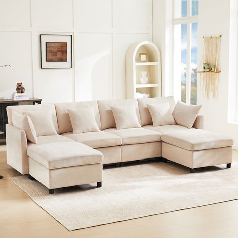 MODFU – Sofá modular de 4-6 plazas 278x161 cm de chenilla con 2 puff, 6 cojines, asiento profundo y carga 150 kg por plaza – Beige (1/5)