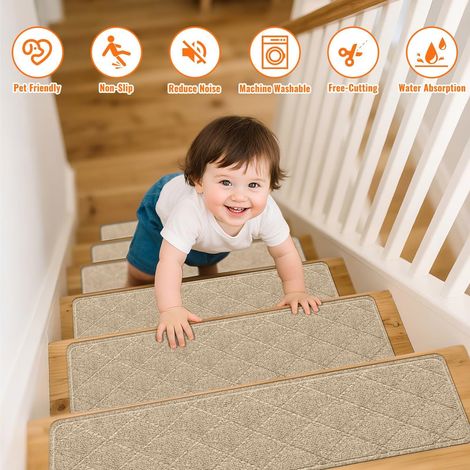 Tapis escalier 5 pièces 20×76cm auto-adhésif antidérapant lavable anti-bruit beige sécurité enfants animaux intérieur maison (1/5)