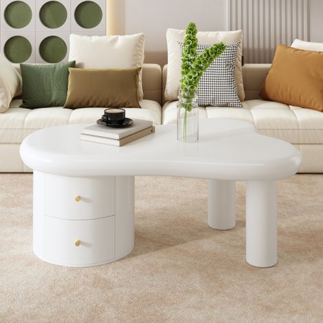 Modern Weißer Couchtisch mit Unregelmäßiger Form – 2 Schubladen, Platzsparend, Stilvoll, Stabil – Parfait pour Wohnzimmer & Mehrzwecknutzung (1/5)