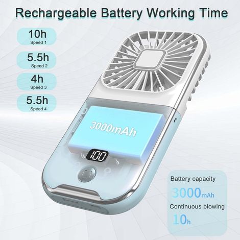 Ventilatore portatile ricaricabile - Mini ventilatore - Dotato di batteria ricaricabile da 3000 mAh - Ventilatore portatile - Piccolo ventilatore tascabile - 4 velocità - Adatto per uso domestico e es (1/5)