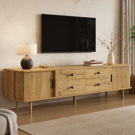 Meuble TV, 165x40x46 cm, meuble TV bas, en MDF, avec 4 tiroirs et 2 portes coulissantes, grand espace de rangement, coins arrondis, couleur bois (1/5)