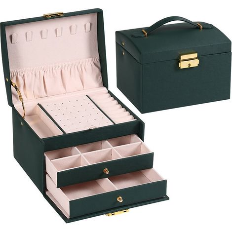 Wasserdichte Reise-Schmuckbox aus Leder – drei Ebenen, zwei Schubladen – geeignet zur Aufbewahrung von Ringen, Ohrringen, Halsketten und Armbändern (grün).