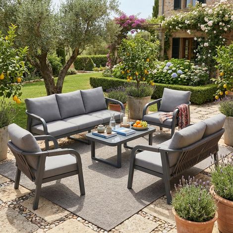 Ensemble de Salon de jardin 7 Places en Corde Tressée Gris - Canapés 3+2 Places, 2 Fauteuils et Table en Verre - Acier Galvanisé, Résistant aux intempéries