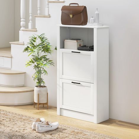 Meuble à chaussures étroit à 2 portes, étagères réglables et compartiment ouvert pour 10 paires de chaussures, 58 x 24 x 105 cm, blanc