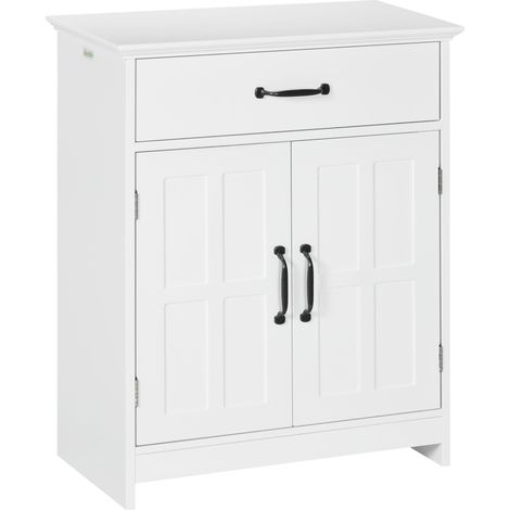 Meuble salle de bain, armoire salle de bain sur pied avec double porte, tiroir et étagère réglable, 60x30x75cm, blanc (1/5)